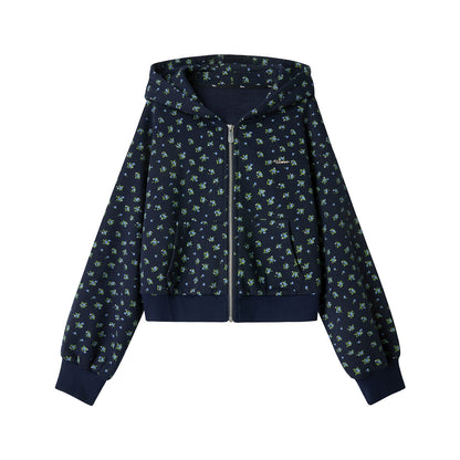 Navy Blue Floral Hooded Jacket Set-Up