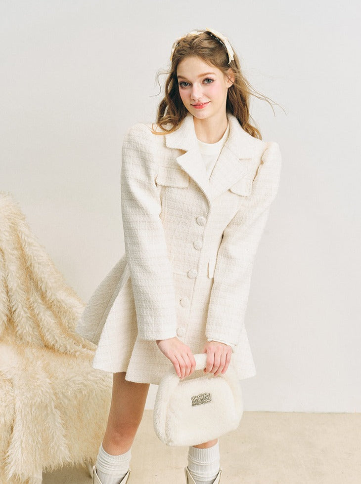 Mid-length pleated waist woolen jacket