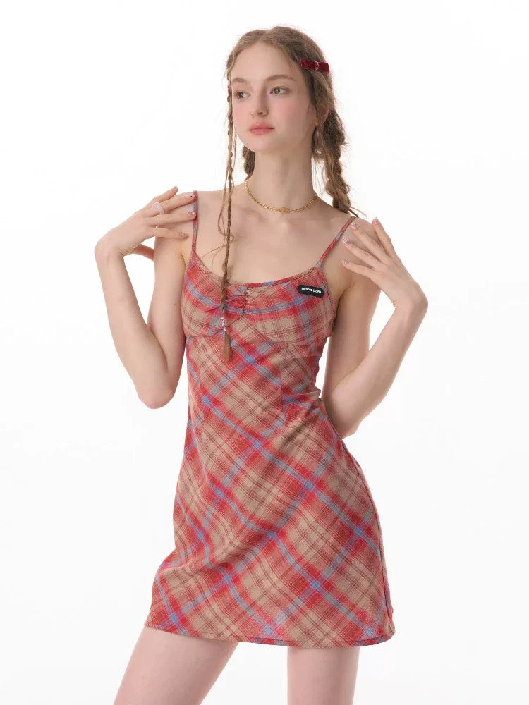 Retro plaid suspender dress