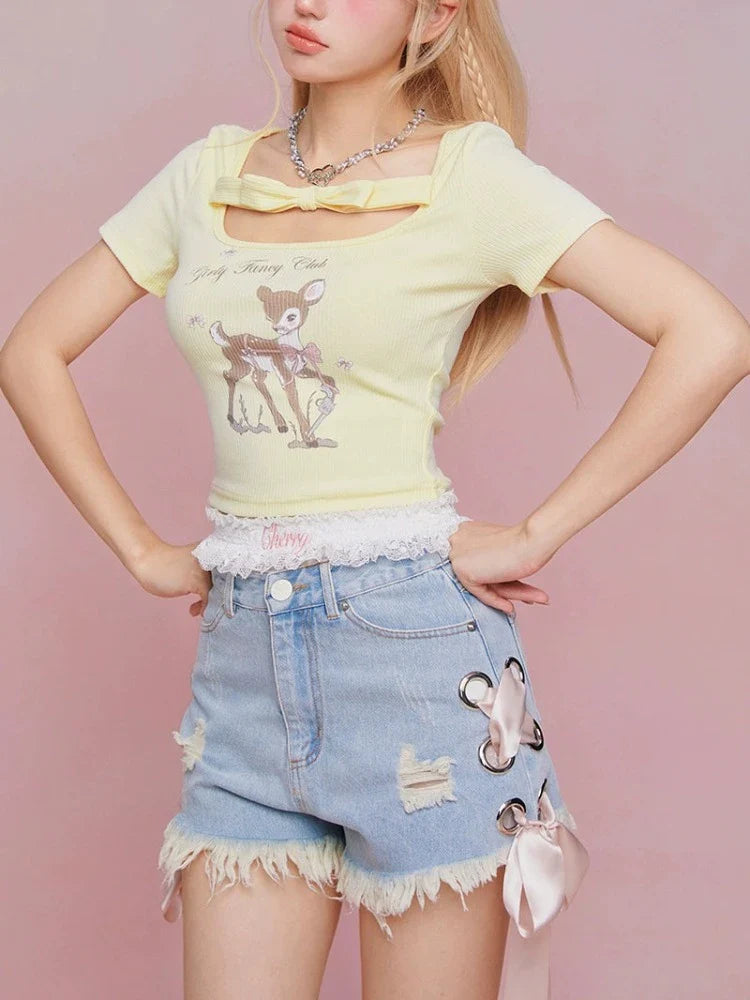 U-neck ribbon short-sleeve T-shirt