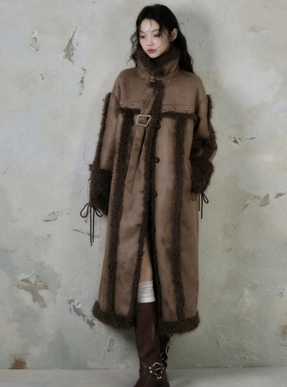 Long lamb fur integrated stitching jacket