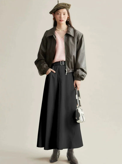 Midi high-waisted belted A-line skirt