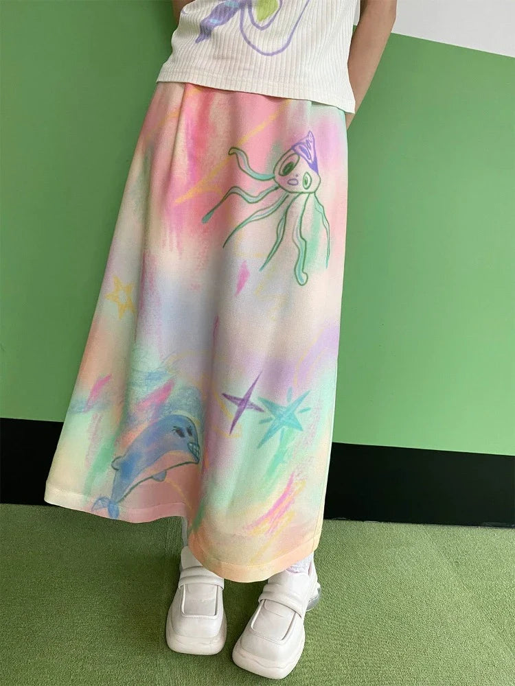 Hand-painted graffiti print A-line skirt