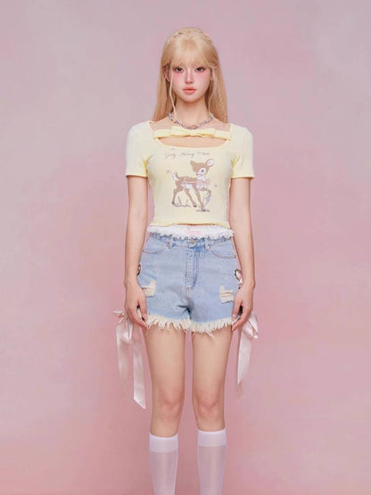 U-neck ribbon short-sleeve T-shirt