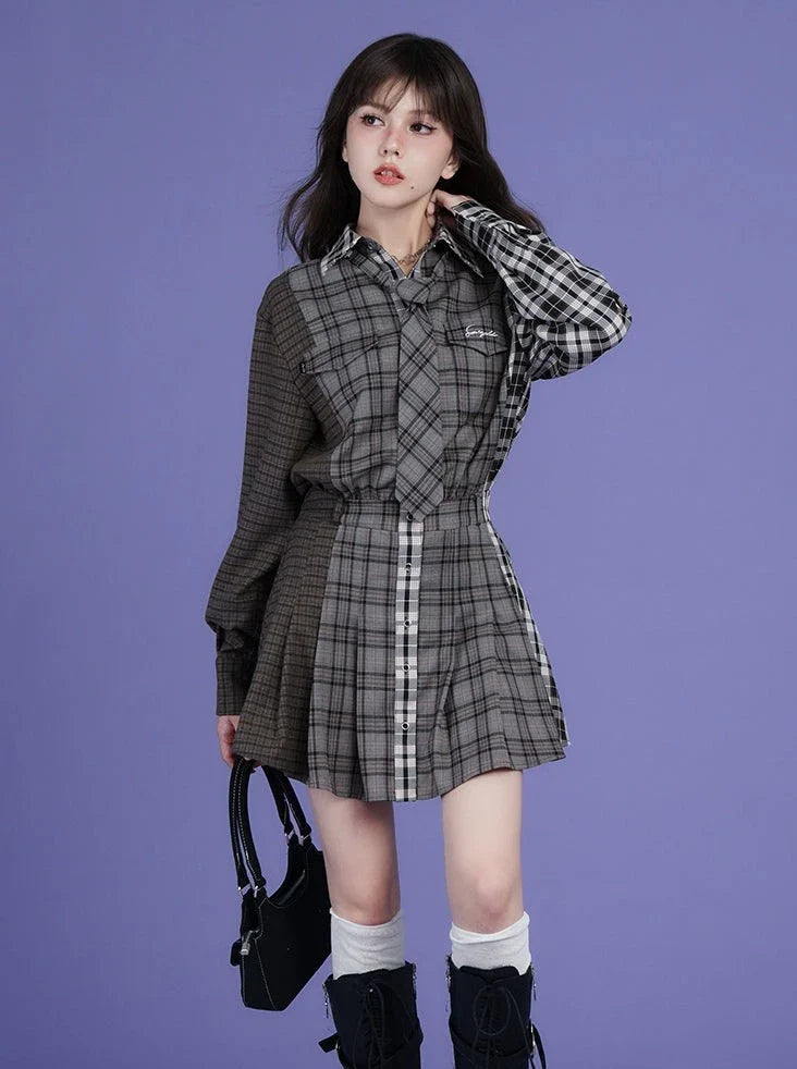 Sweet and patchwork plaid loose shirt dress