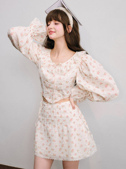 Floral long-sleeved shirt and skirt Set-up