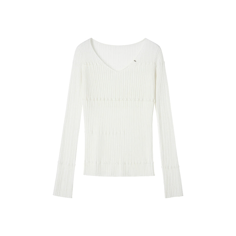Textured V-neck Wool Knit Slim Top