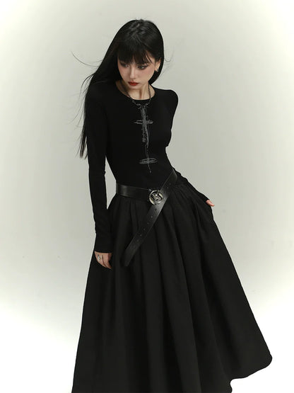 Luxury Long Sleeve Black Temperament Dress