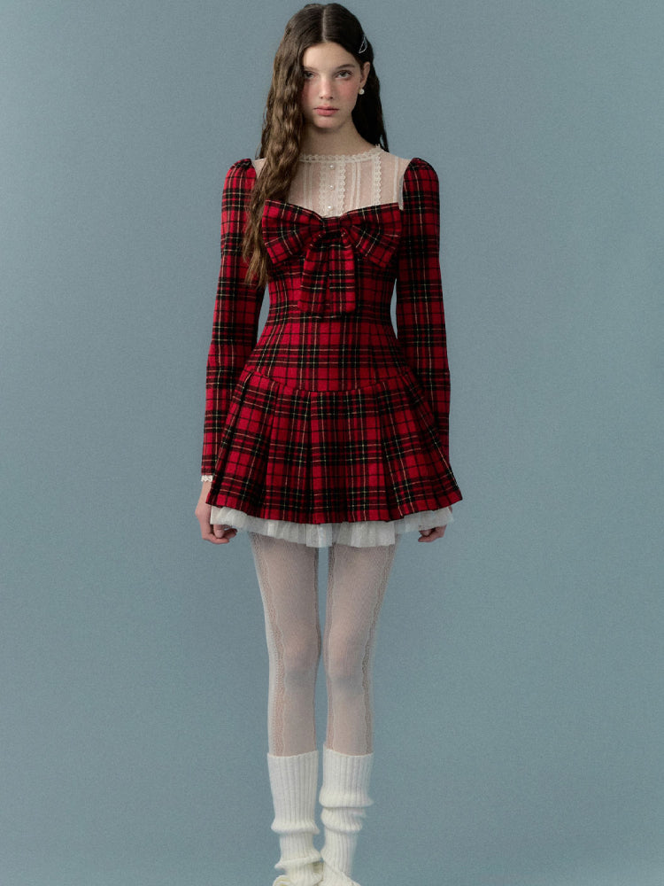 Red lace plaid skirt dress