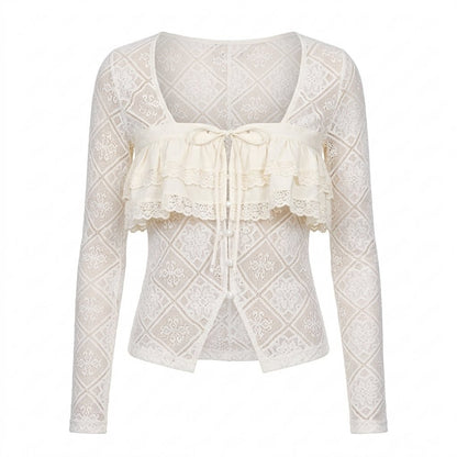 Beige, transparent Strickjacke mit Spitze