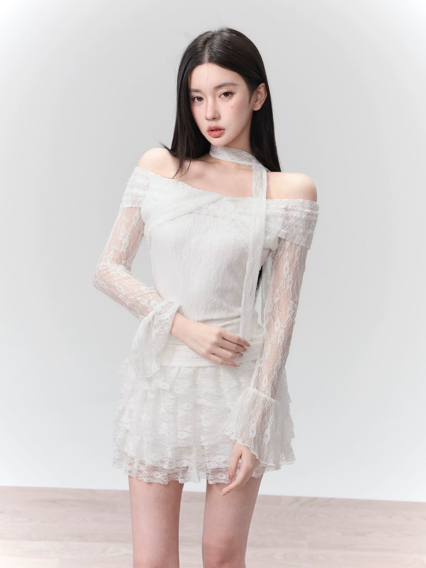 Moonlight lace knitted one-shoulder top set