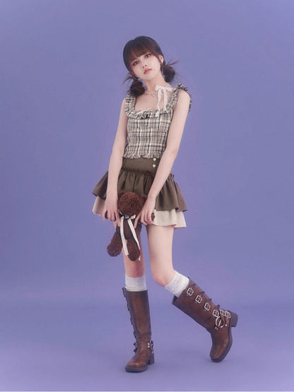 Plaid short suspender top