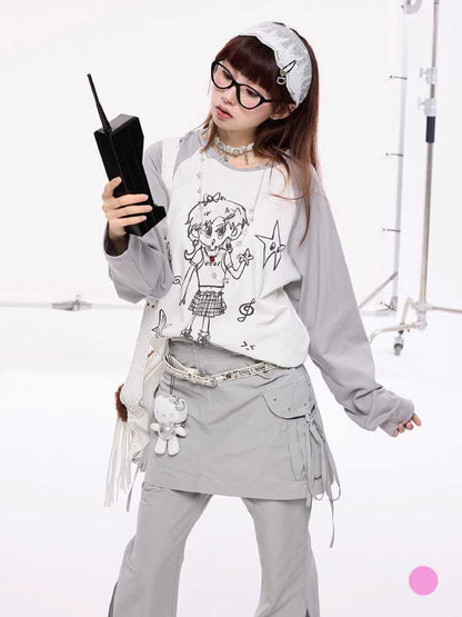 Hand-drawn girly print long-sleeved T-shirt