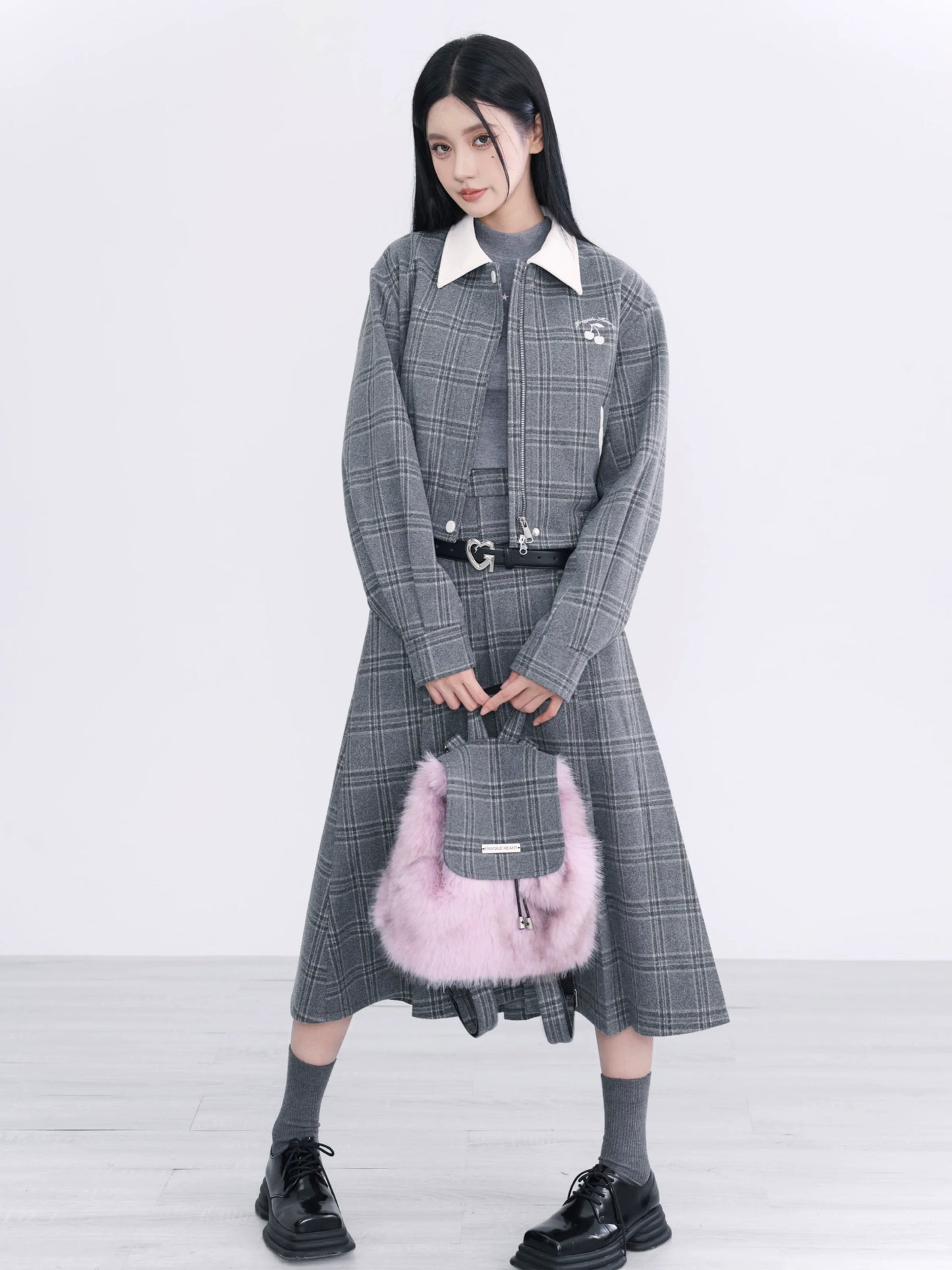 Two-piece Gray Plaid Cotton Jacket Skirt Set