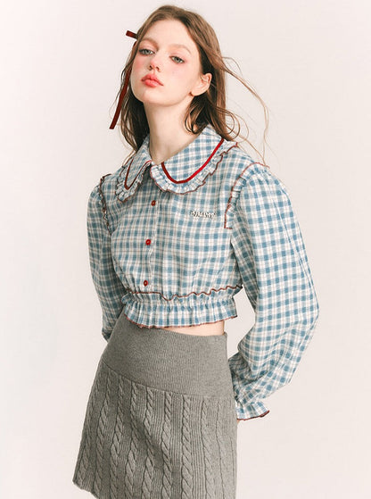 Puff sleeves short plaid shirt