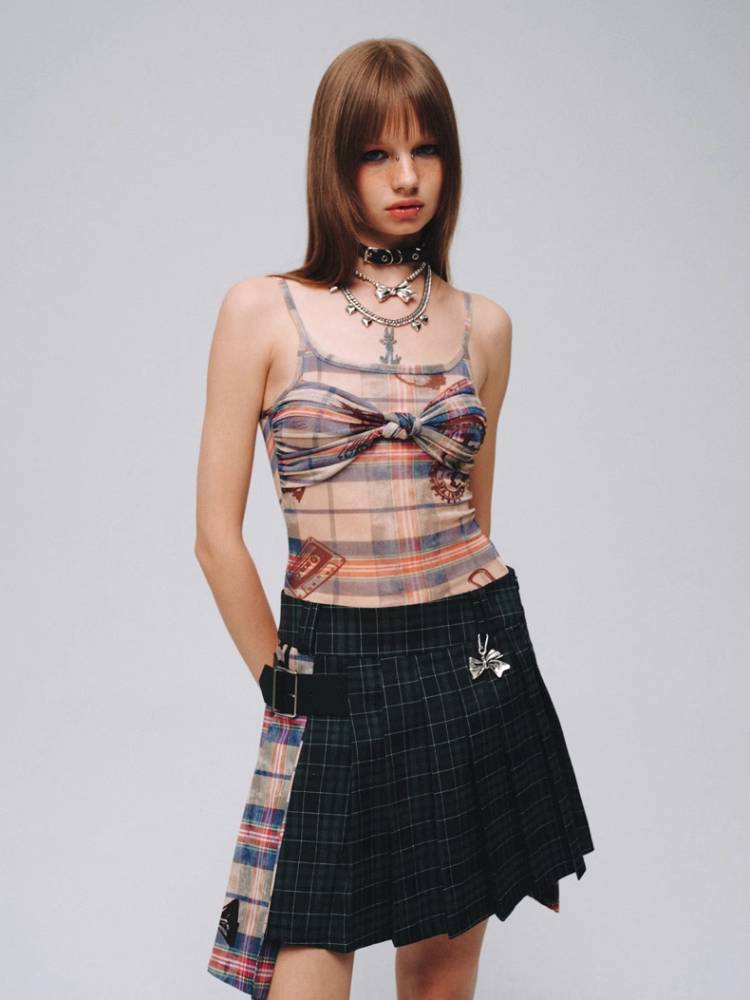 Plaid A-pleated skirt