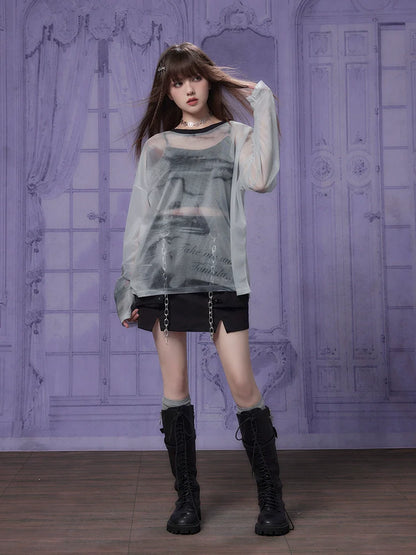 Printed mesh long sleeve T-shirt