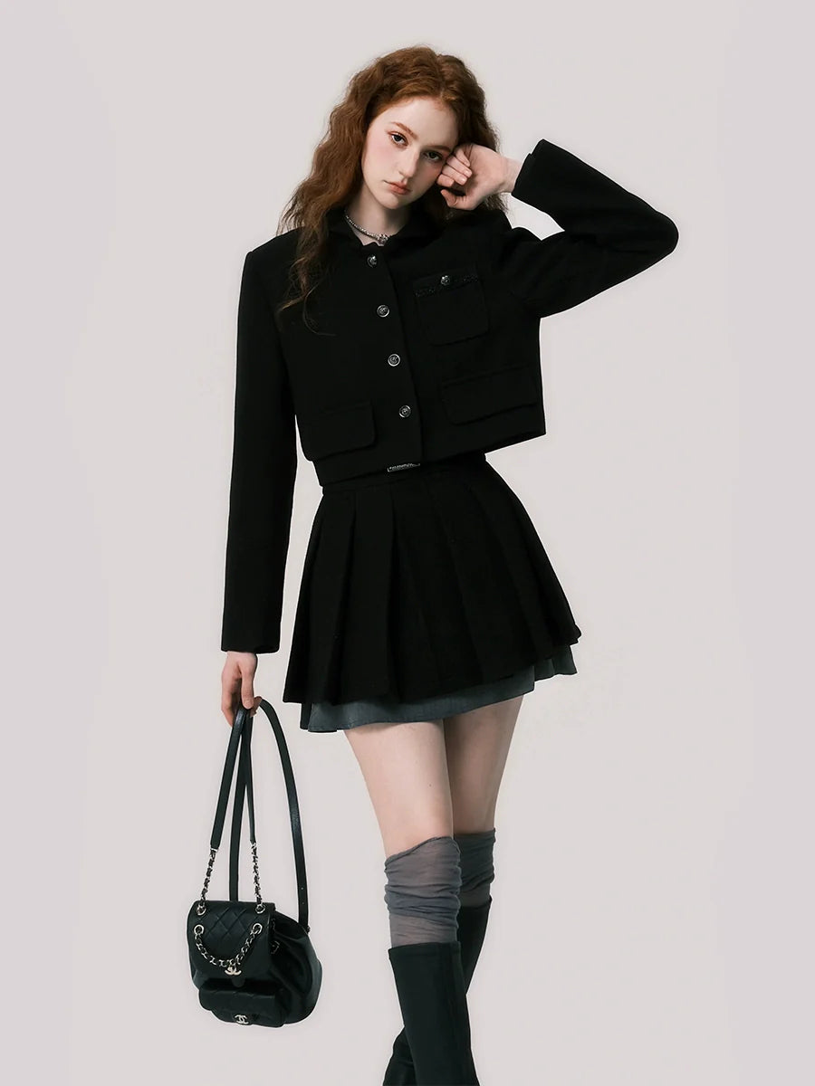 Short coat pleated skirt set