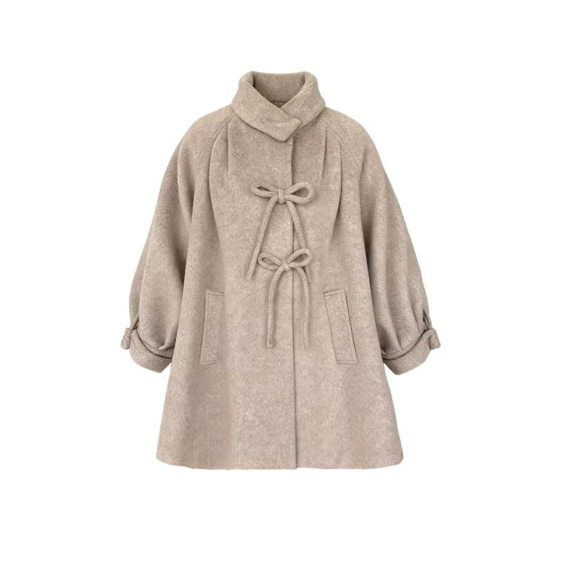 Retro Oatmeal Woolen Bow Coat