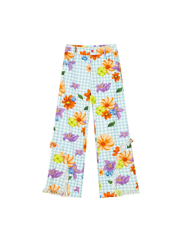 Plaid flower casual pants