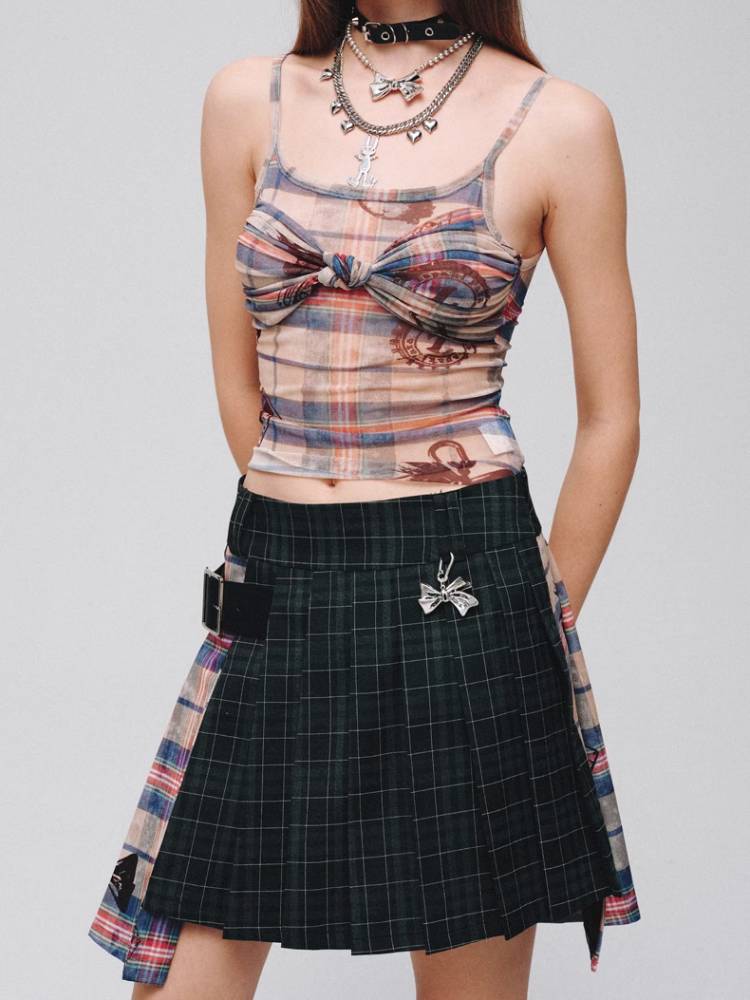 Plaid A-pleated skirt