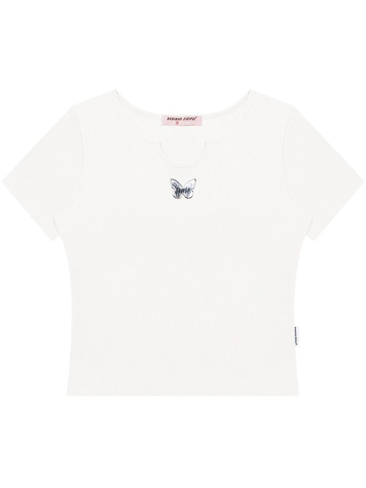 U-neck butterfly short sleeve T-shirt