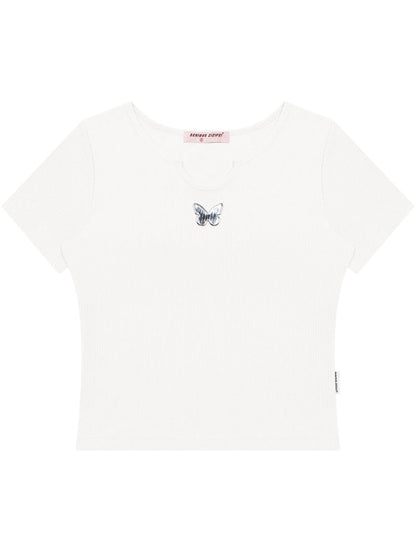 U-neck butterfly short sleeve T-shirt