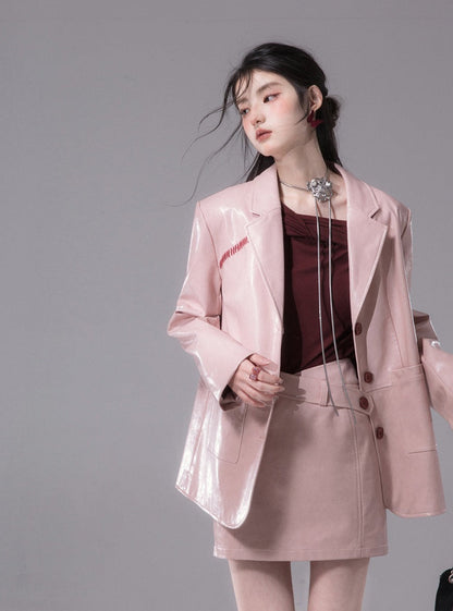 Wax Leather Blazer With Skirt Set