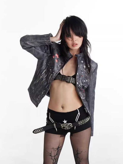 Retro distressed punk leather jacket