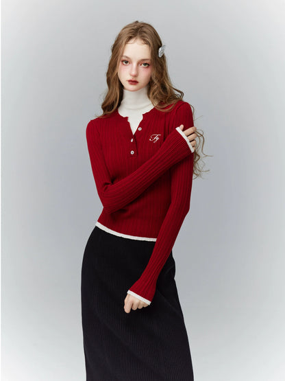 Retro Collar Knit Slim Fit Pullover Tops