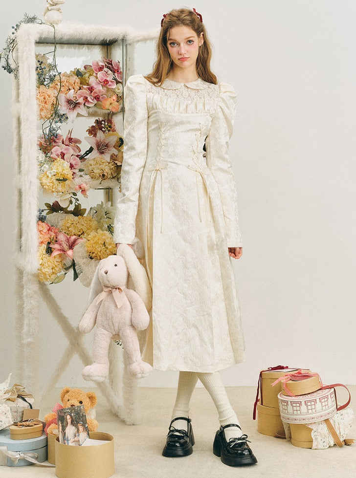 Snow puff sleeve jacquard lace-up dress