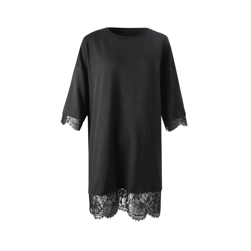 Patchwork Lace Crew Neck Long Top