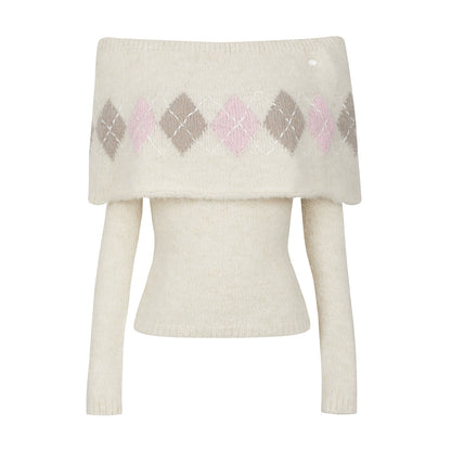 Vintage Argyle Off-Shoulder Sweater