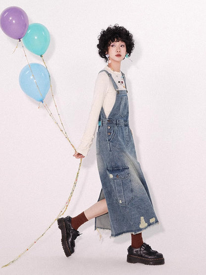 Loose denim suspender skirt