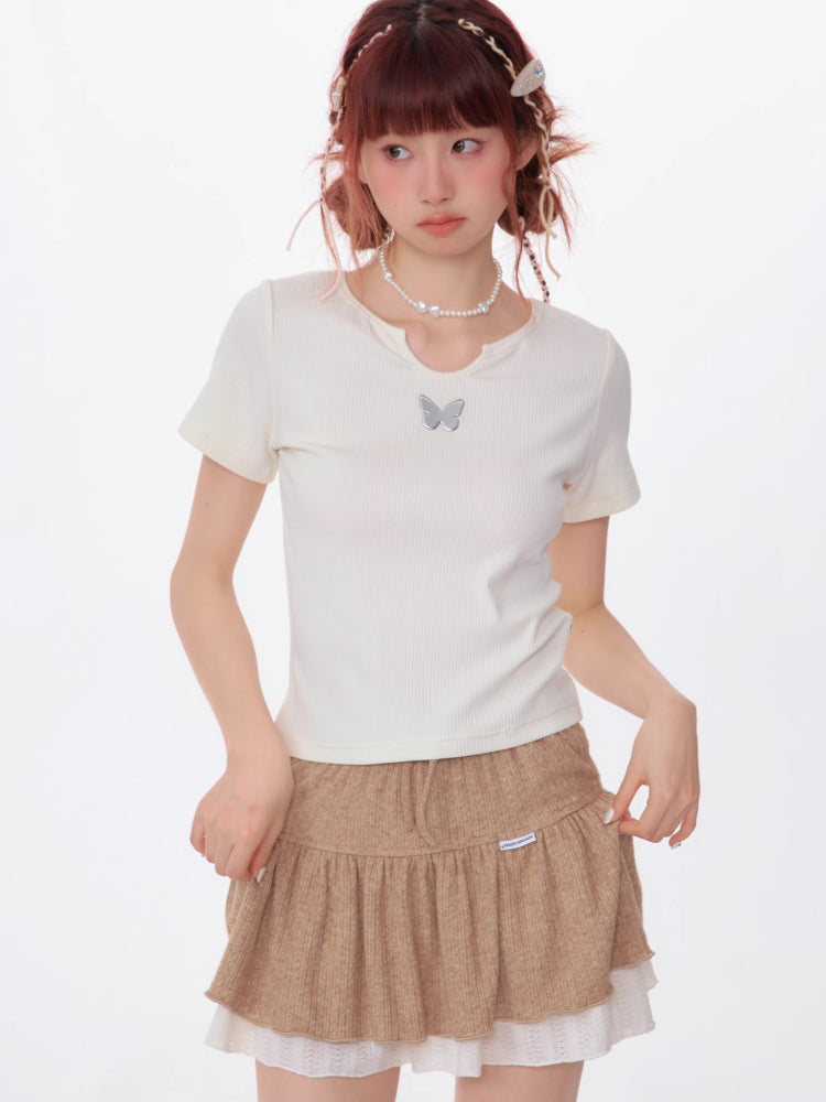 U-neck butterfly short sleeve T-shirt