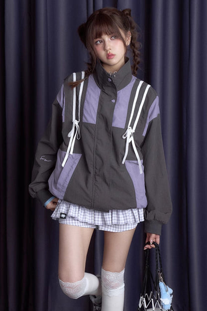 Loose Gray & Purple Windproof Jacket