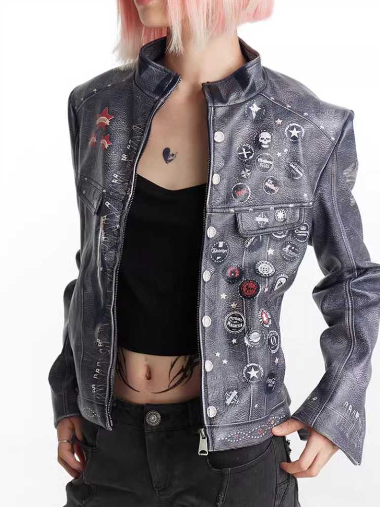 Retro distressed punk leather jacket