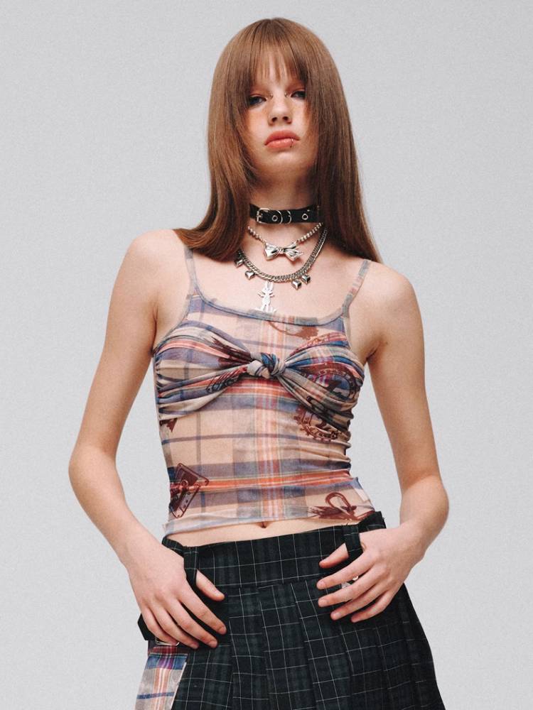 Plaid ribbon camisole