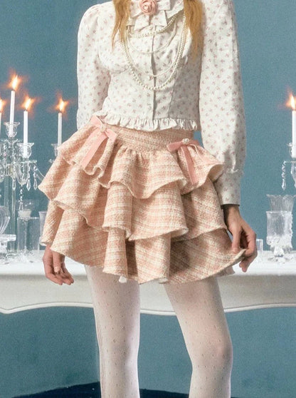 Sequins pearl bow tweed cake skirt