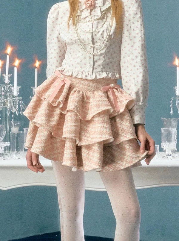 Sequins pearl bow tweed cake skirt