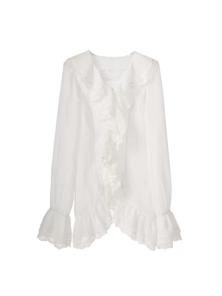 Long sleeve ruffle see-through slim shirt