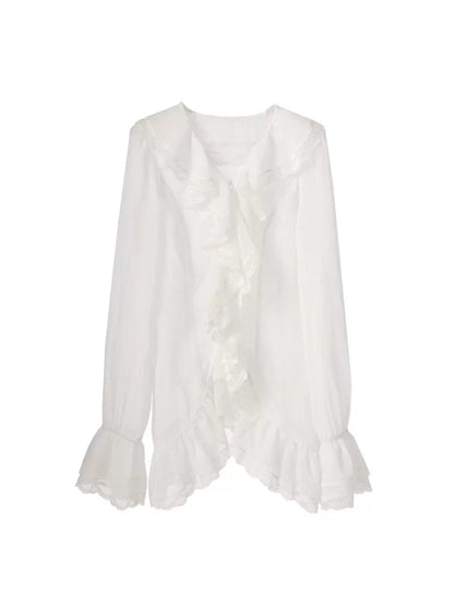 Long sleeve ruffle see-through slim shirt