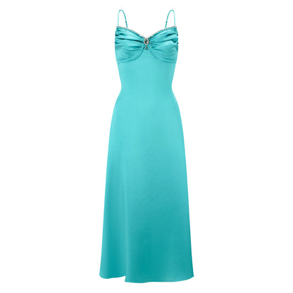 Blue Satin Halter Dress