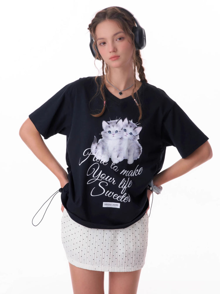 Cat print V-neck short sleeve T-shirt