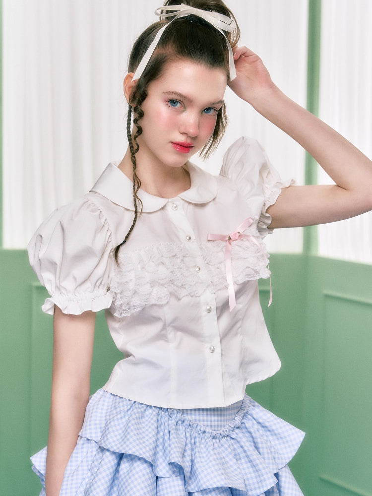 Doll color lace short sleeve shirt