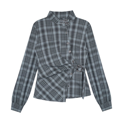 Gray-Blue Plaid Placket Long-Sleeved Shirt