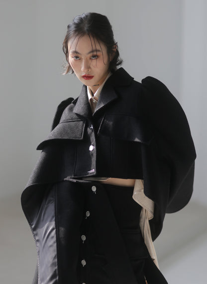 Shawl sleeves contrasting panelled woolen jacket