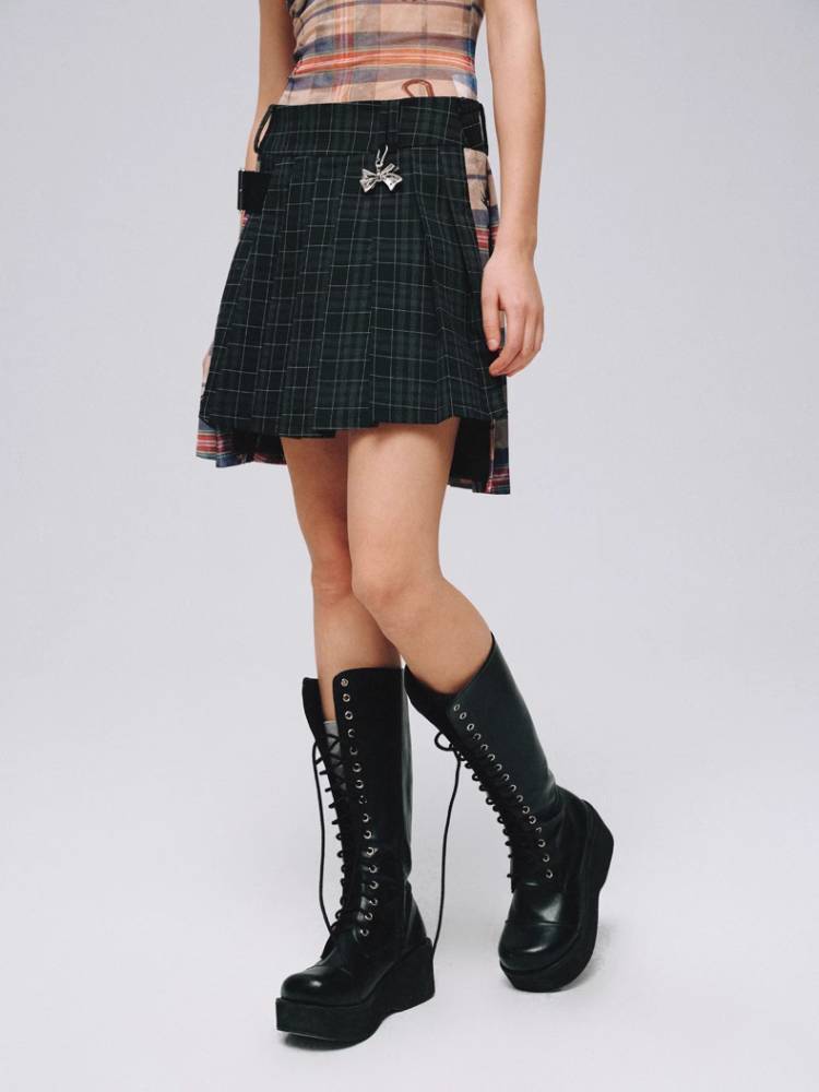 Plaid A-pleated skirt