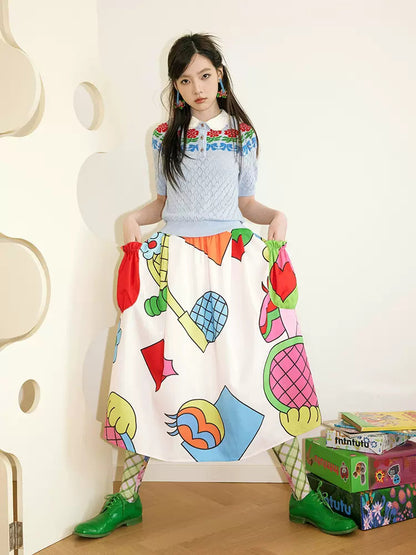 Big pocket print A-line skirt