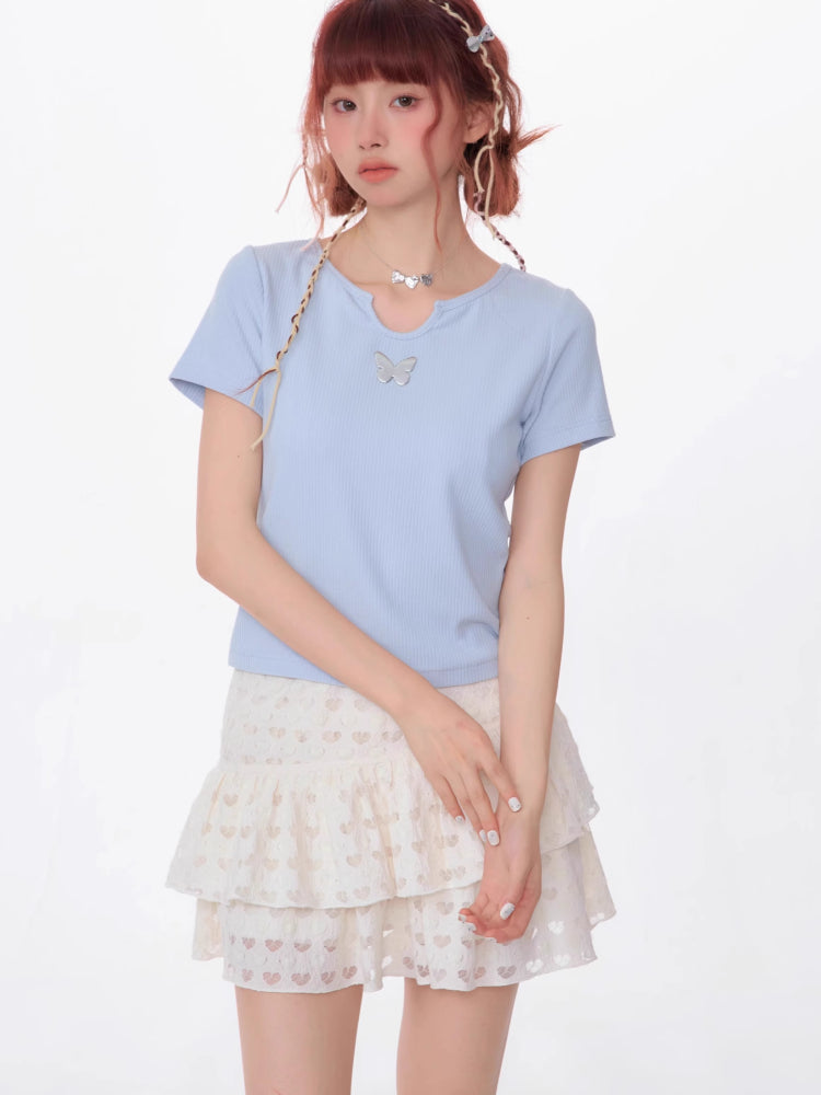 U-neck butterfly short sleeve T-shirt